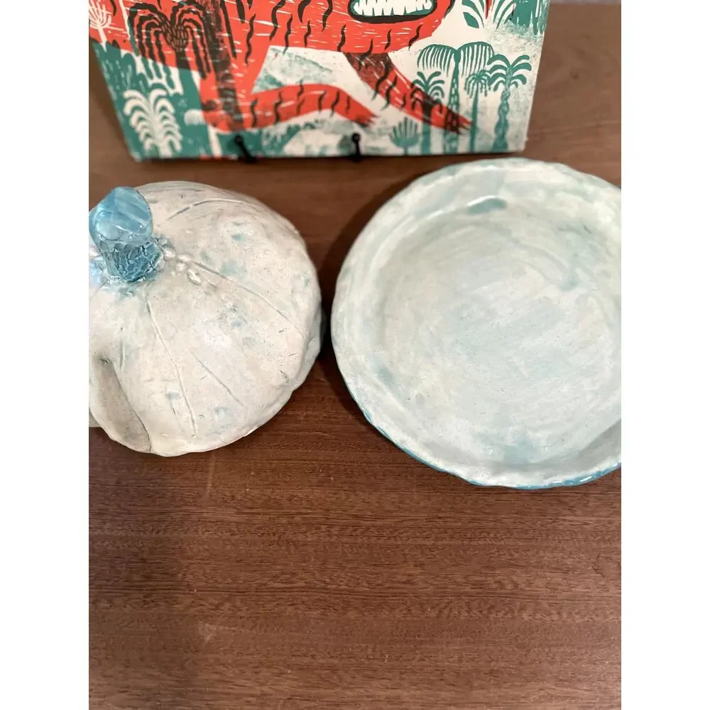 Handmade Studio Pottery Pumpkin Lidded Dish Turquoise Blue White Signed